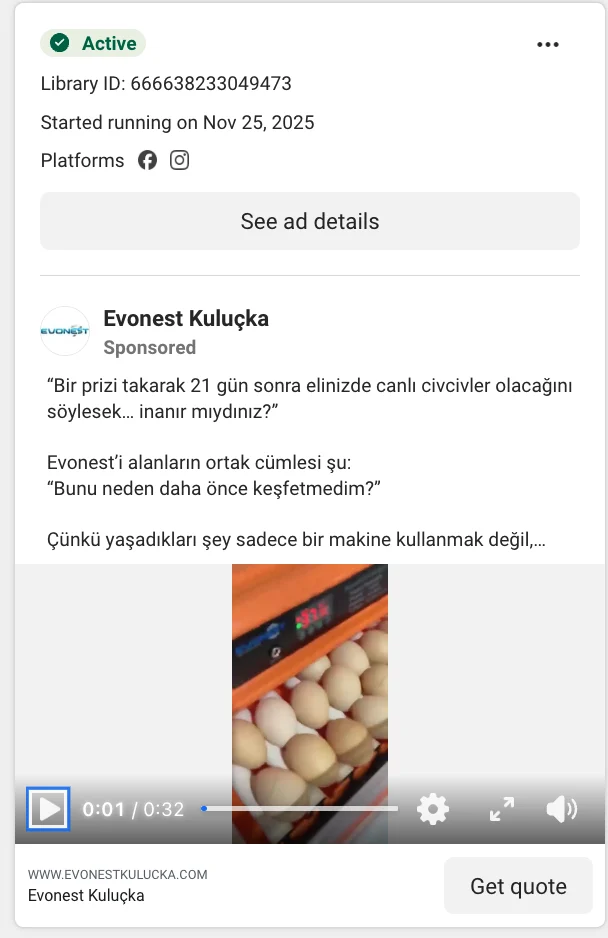 Meta Reklam Kütüphanesi aktif reklam görünümü